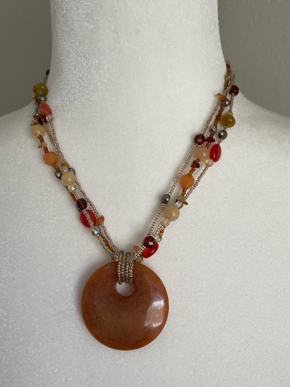 Multi-Strand Autumn Bead Necklace with Round Pendant - Brown/Red